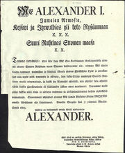 Me Alexander I... Suuri Ruhtinas Suomen maasa... : Wakutus-Kirja... Annettu Borgsa sin 15/27 piwn Maaliskuusa 1809